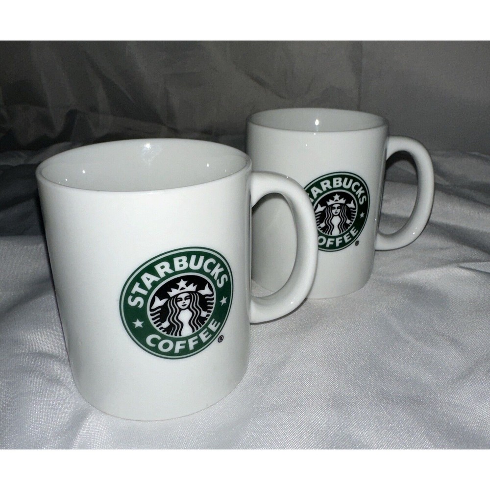 STARBUCKS 2007 Coffee Mug 8-ounce Green MERMAID Logo White Collectible Set of 2